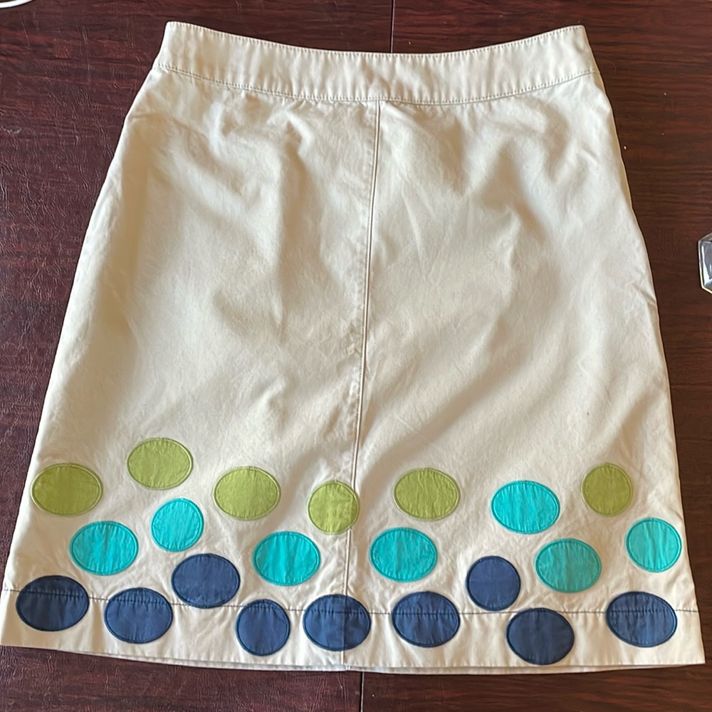 Boden khaki miniskirt with blue, aqua, and pea green dots. US size 4R